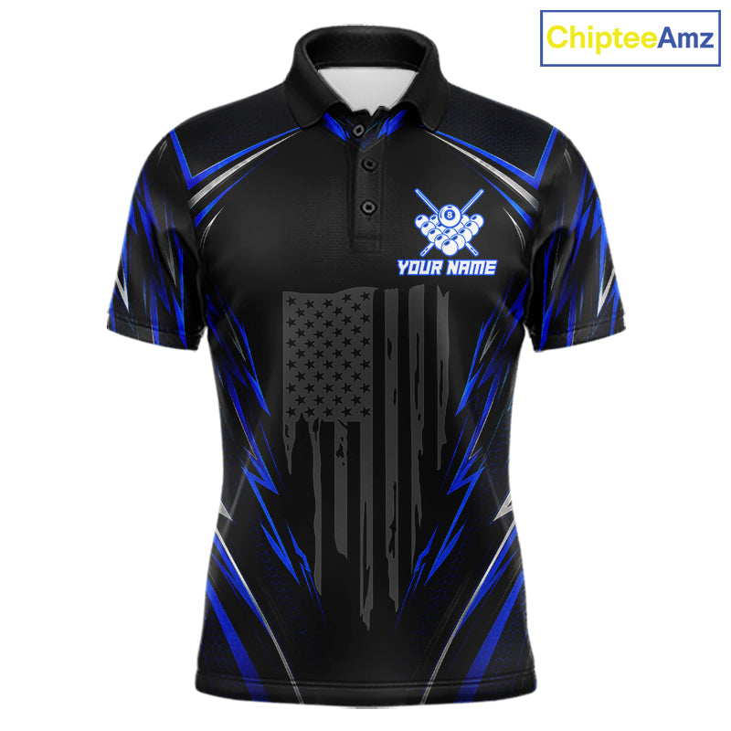 Men's patriotic billiard polo featuring black and blue American flag with glowing 8 ball graphics, personalized performance apparel for veterans, law enforcement supporters, APA leagues and patriotic pool players, representing freedom and honor.