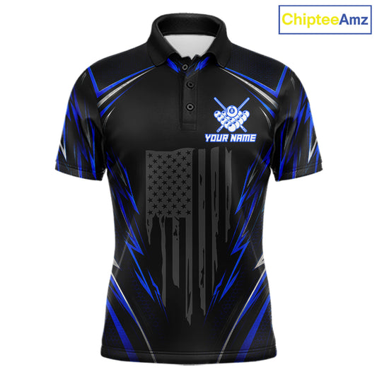 Men's patriotic billiard polo featuring black and blue American flag with glowing 8 ball graphics, personalized performance apparel for veterans, law enforcement supporters, APA leagues and patriotic pool players, representing freedom and honor.
