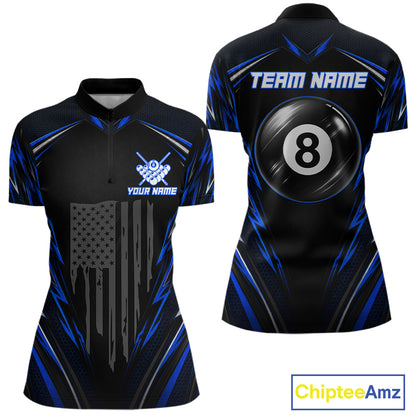 Women's quarter-zip billiard jersey featuring black blue American flag with glowing 8 ball graphics, premium team apparel for patriotic pool players, APA leagues and national competitions.