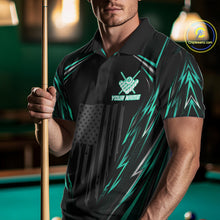 Load image into Gallery viewer, Male billiard player wearing black green patriotic pool jersey during championship event, premium sportswear for league players and outdoor lifestyle enthusiasts, symbolizing resilience, confidence and competitive success.