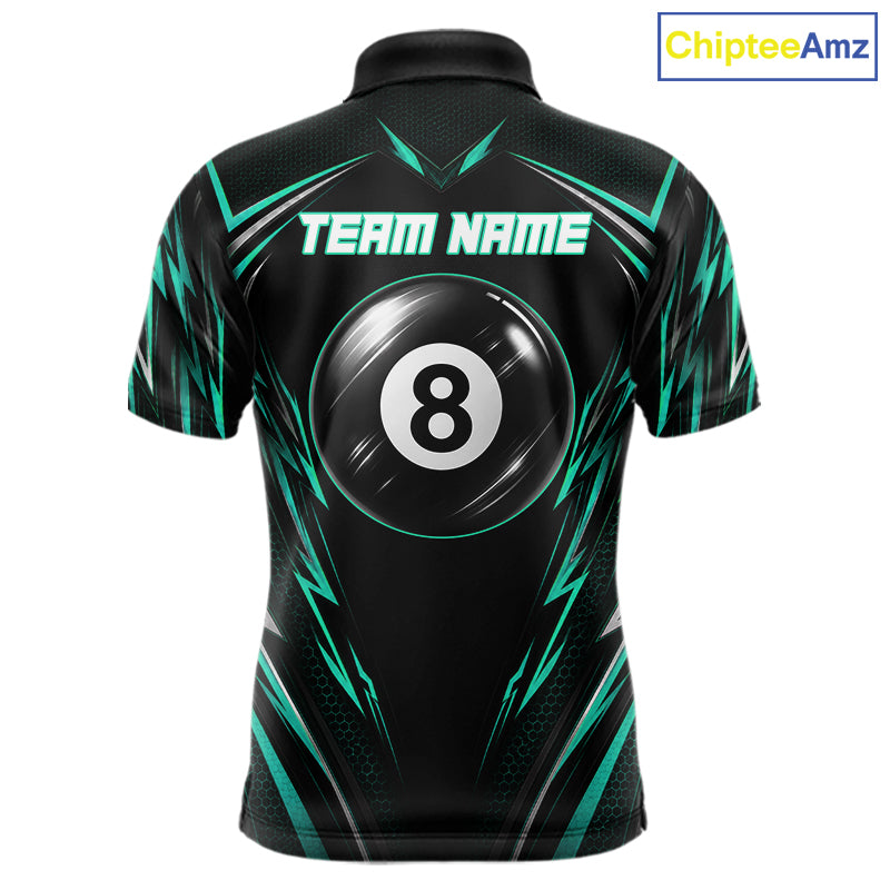 Men's billiard polo featuring black green American flag and glowing 8 ball graphics, custom performance apparel for military supporters, outdoor enthusiasts, APA leagues and patriotic pool teams, symbolizing growth, resilience and unity.
