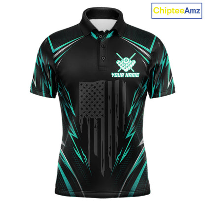 Men's billiard polo featuring black green American flag and glowing 8 ball graphics, custom performance apparel for military supporters, outdoor enthusiasts, APA leagues and patriotic pool teams, symbolizing growth, resilience and unity.