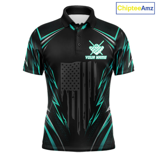 Men's billiard polo featuring black green American flag and glowing 8 ball graphics, custom performance apparel for military supporters, outdoor enthusiasts, APA leagues and patriotic pool teams, symbolizing growth, resilience and unity.