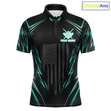 Load image into Gallery viewer, Men's billiard polo featuring black green American flag and glowing 8 ball graphics, custom performance apparel for military supporters, outdoor enthusiasts, APA leagues and patriotic pool teams, symbolizing growth, resilience and unity.