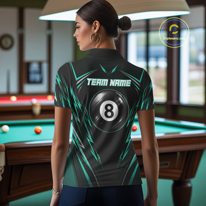Female player wearing black green patriotic billiard jersey, expressing confidence, resilience, teamwork and American values.