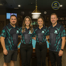 Load image into Gallery viewer, Men women pool team wearing matching black green patriotic billiard jerseys for league championships, representing unity, growth, determination and sportsmanship.