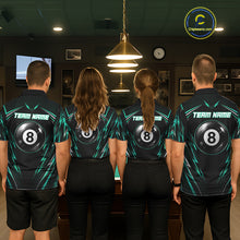 Load image into Gallery viewer, Men women pool team wearing matching black green patriotic billiard jerseys for league championships, representing unity, growth, determination and sportsmanship.