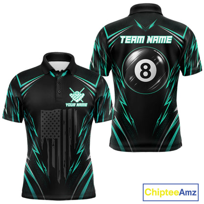 Men's billiard polo featuring black green American flag and glowing 8 ball graphics, custom performance apparel for military supporters, outdoor enthusiasts, APA leagues and patriotic pool teams, symbolizing growth, resilience and unity.