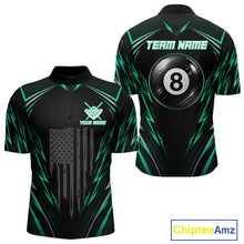 Load image into Gallery viewer, Men's quarter-zip billiard jersey featuring black green patriotic flag with illuminated 8 ball artwork, personalized tournament apparel for competitive players and billiard clubs, representing confidence, teamwork and American values.