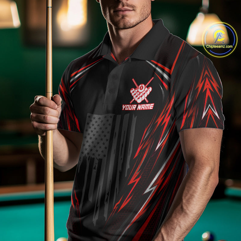 Male billiard player wearing black red patriotic jersey during professional tournament, premium billiard apparel for competitive athletes, patriotic Americans and Father's Day gifts, representing strength, courage and leadership.