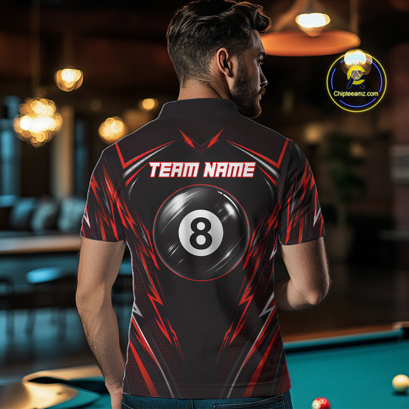 Male billiard player wearing black red patriotic jersey during professional tournament, premium billiard apparel for competitive athletes, patriotic Americans and Father's Day gifts, representing strength, courage and leadership.