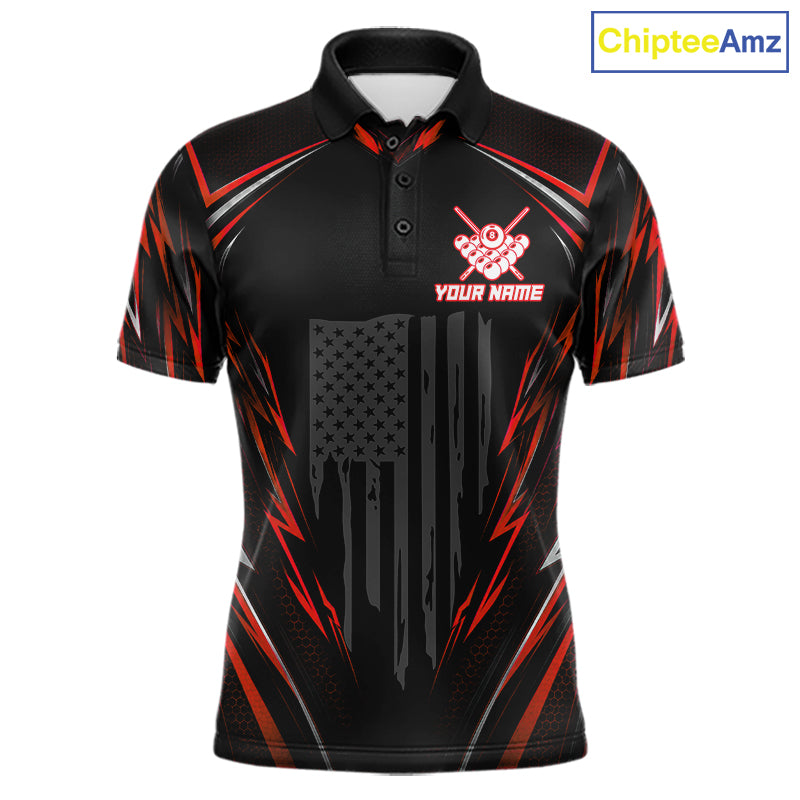 Men's billiard polo featuring black red American flag with glowing 8 ball artwork, personalized performance apparel for APA tournaments, motorcycle lifestyle enthusiasts, veterans and patriotic athletes, representing courage and victory.