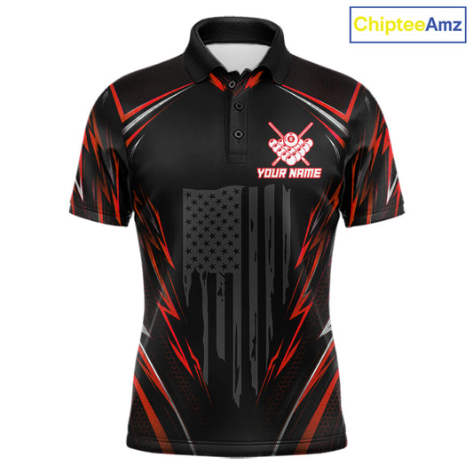 Men's billiard polo featuring black red American flag with glowing 8 ball artwork, personalized performance apparel for APA tournaments, motorcycle lifestyle enthusiasts, veterans and patriotic athletes, representing courage and victory.