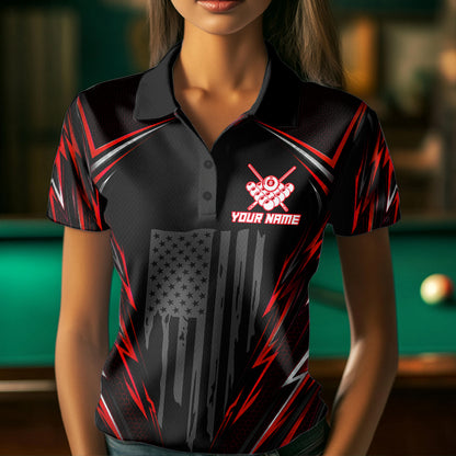 Female billiard player wearing black red patriotic jersey during championship match, representing determination, confidence and fearless competition.