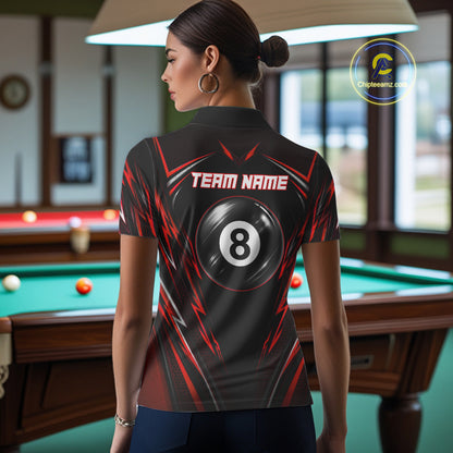 Female billiard player wearing black red patriotic jersey during championship match, representing determination, confidence and fearless competition.