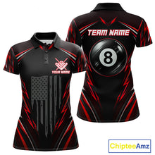 Load image into Gallery viewer, Women's billiard polo with black red American flag and realistic 8 ball artwork, premium performance shirt for APA leagues, billiard tournaments and patriotic events.