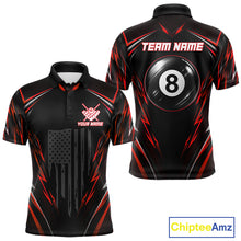 Load image into Gallery viewer, Men's billiard polo featuring black red American flag with glowing 8 ball artwork, personalized performance apparel for APA tournaments, motorcycle lifestyle enthusiasts, veterans and patriotic athletes, representing courage and victory.