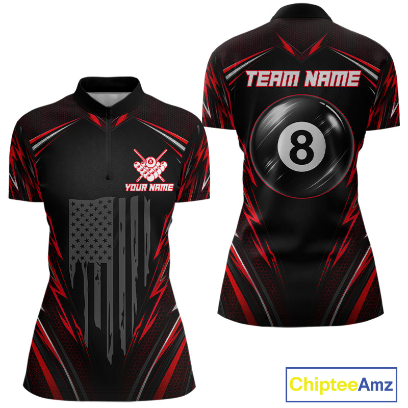Women's quarter-zip billiard jersey featuring black red patriotic flag with illuminated 8 ball graphics, custom tournament apparel for pool leagues and competitive teams.