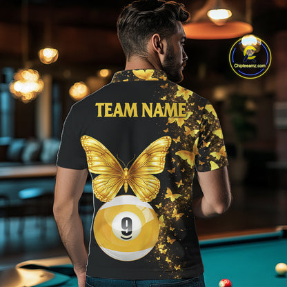 Male billiard player wearing black gold butterfly billiard jersey during elite competition, premium sports apparel symbolizing confidence, elegance, success and competitive excellence.
