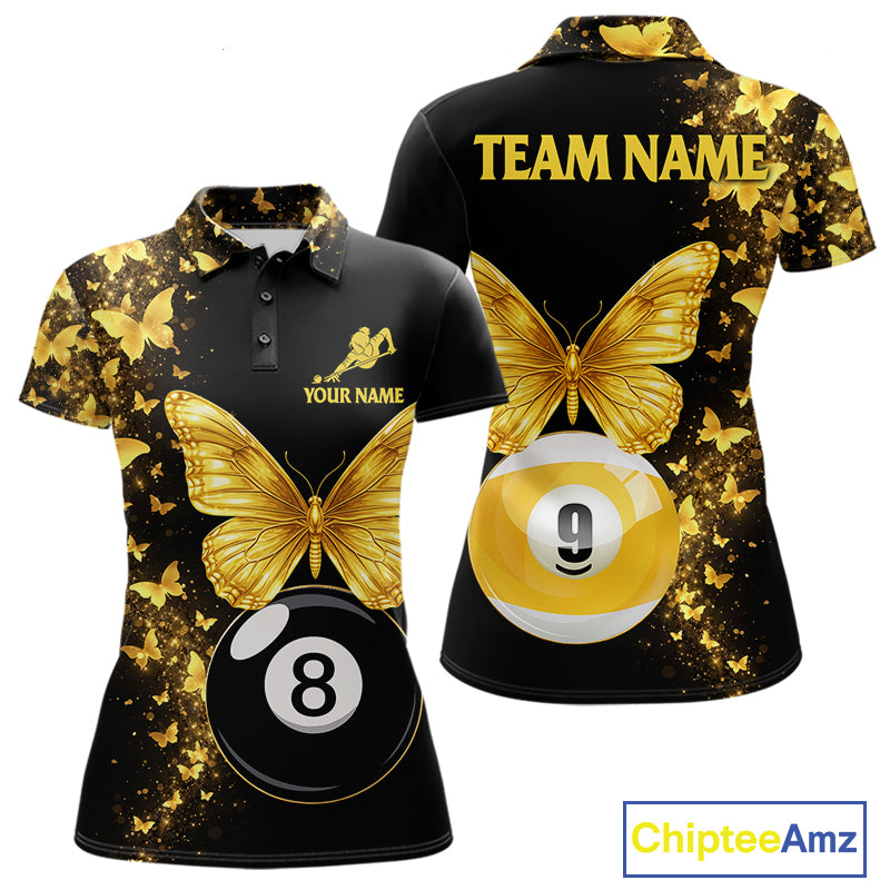 Women's billiard polo with black gold butterfly artwork and billiard ball graphics, premium custom jersey for stylish league players, luxury sportswear fans and tournament competition.