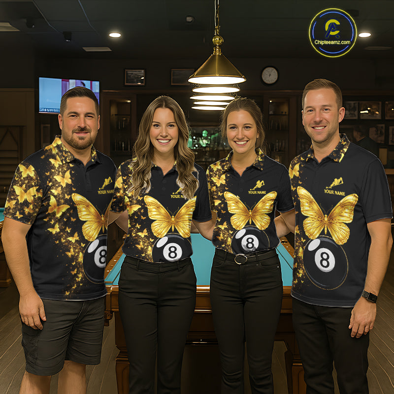 Men women billiard team wearing matching black gold butterfly jerseys for tournaments, symbolizing unity, sophistication, success and championship spirit.