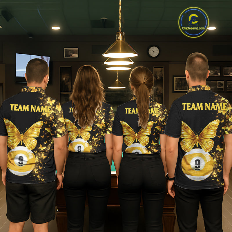 Men women billiard team wearing matching black gold butterfly jerseys for tournaments, symbolizing unity, sophistication, success and championship spirit.