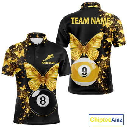 Men's billiard polo featuring luxurious black gold butterflies with realistic 8 ball and 9 ball graphics, personalized premium pool apparel for stylish players, luxury sportswear fans and tournament competitors, symbolizing success and transformation.
