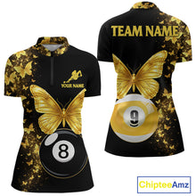 Load image into Gallery viewer, Women's quarter-zip billiard jersey featuring black gold butterflies with glowing billiard balls, elegant performance apparel for APA teams and billiard championships.