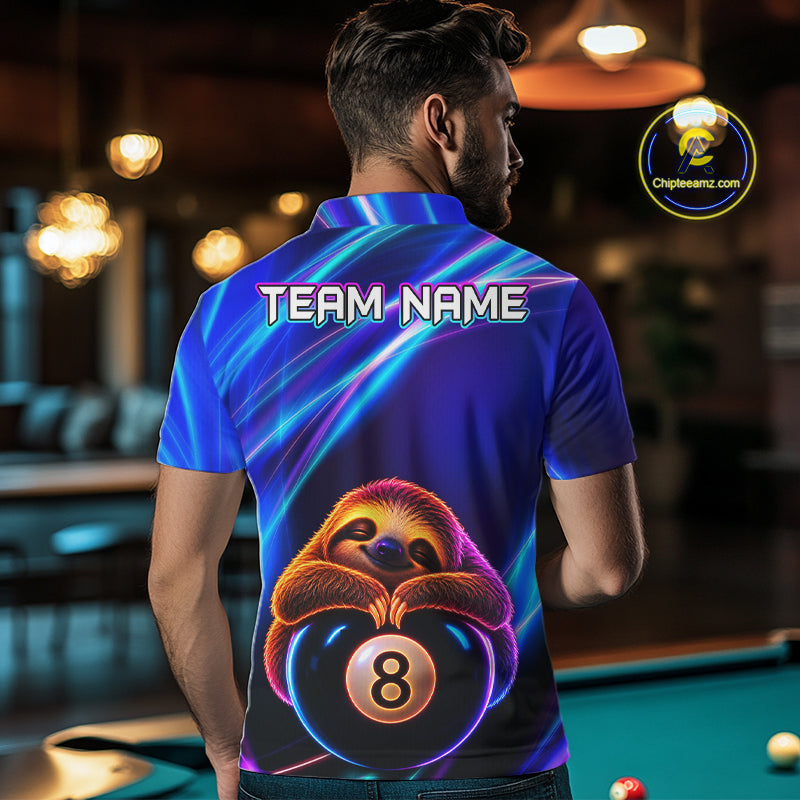 Male billiard player wearing funny sloth pool jersey during league play, premium performance apparel for relaxed competitors, animal lovers and casual tournament players, symbolizing positivity, balance and enjoyment.