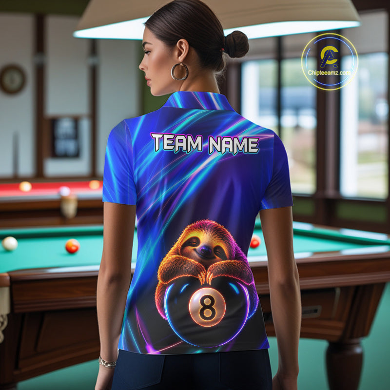 Female billiard player wearing funny sloth billiard jersey during league play, representing relaxation, positivity, friendship and enjoyable competition.