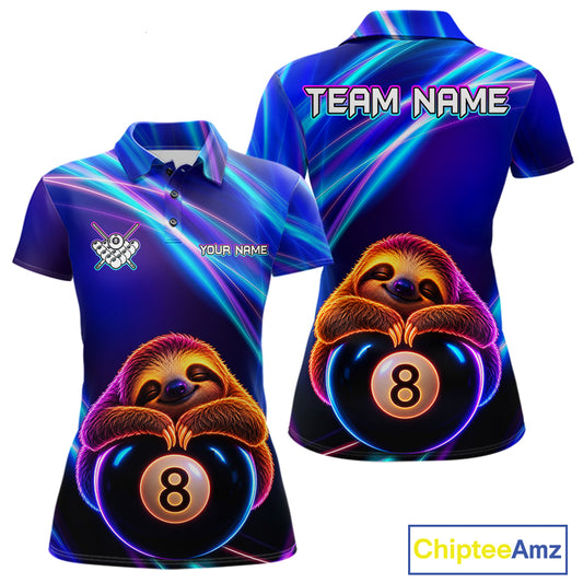 Women's funny billiard polo featuring blue neon sloth and realistic 8 ball artwork, custom pool shirt for league play, billiard gifts and relaxed sports lifestyle.