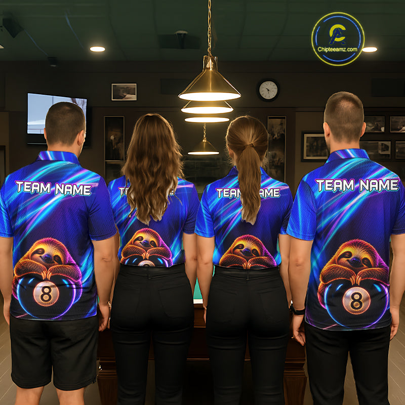 Men women billiard team wearing matching blue neon sloth jerseys for league events, symbolizing teamwork, fun, positive energy and sportsmanship.