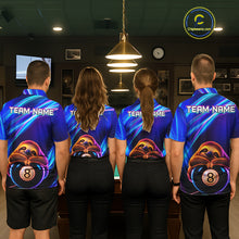 Load image into Gallery viewer, Men women billiard team wearing matching blue neon sloth jerseys for league events, symbolizing teamwork, fun, positive energy and sportsmanship.
