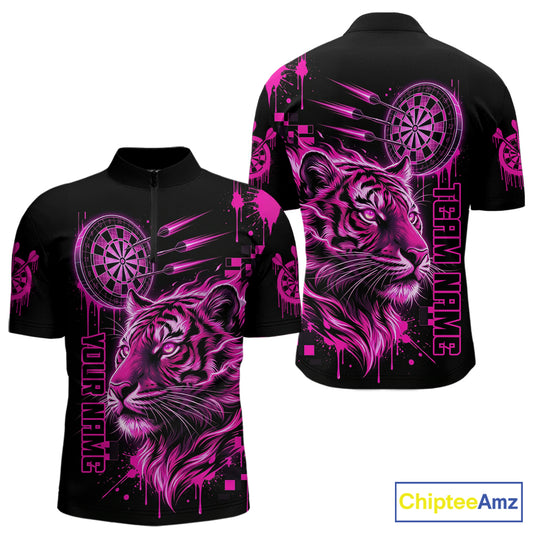 Pink Neon Tiger Lightning Dartboard Men Dart 1/4-Zip Shirts Custom Name & Team Dart Jerseys NYN2098