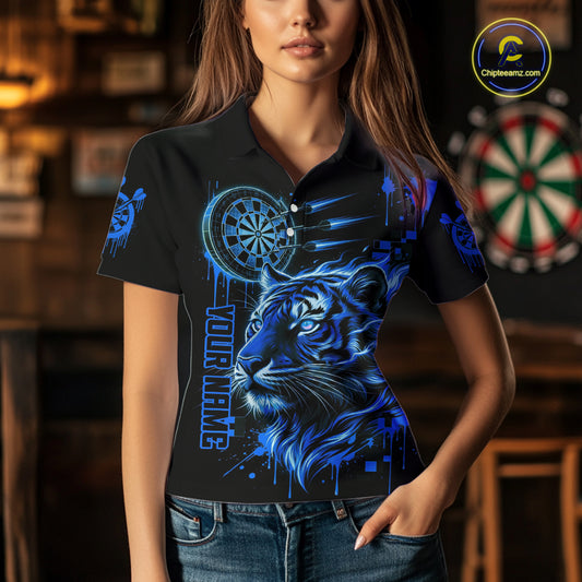 Blue Neon Tiger Lightning Dartboard Women Dart Polo Shirts Custom Name & Team Dart Jerseys NYN2100