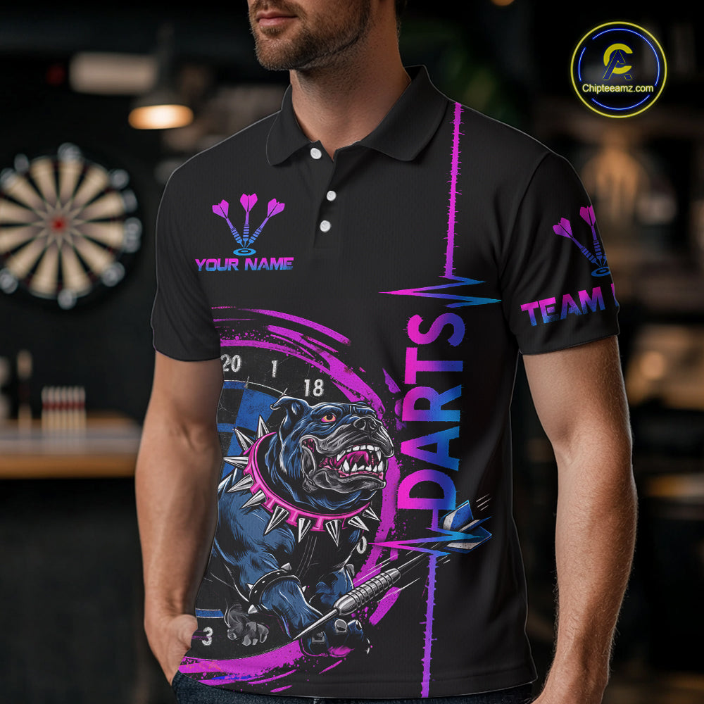 Custom Blue And Pink Darts Funny Bulldog Dart Shirts Polo For Men Dart League Jerseys NYN2108