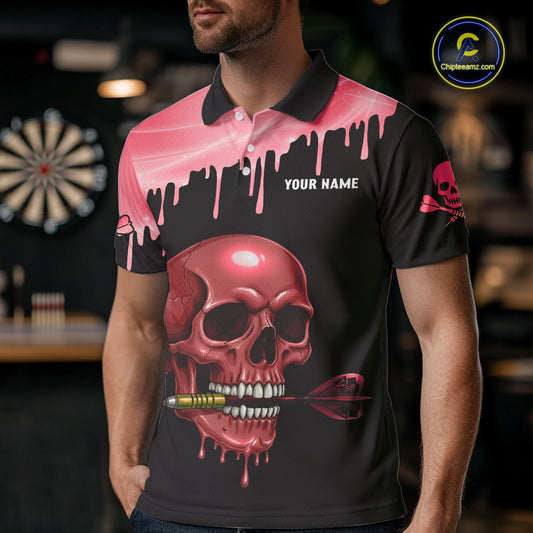 Custom Holographic Red Skull Darts Shirt Polo For Men Light Skull Dart League Jerseys NYN2110