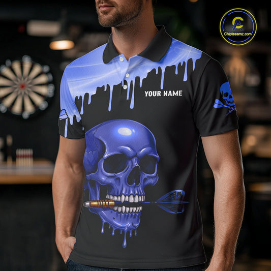Custom Holographic Blue Skull Darts Shirt Polo For Men Light Skull Dart League Jerseys NYN2111