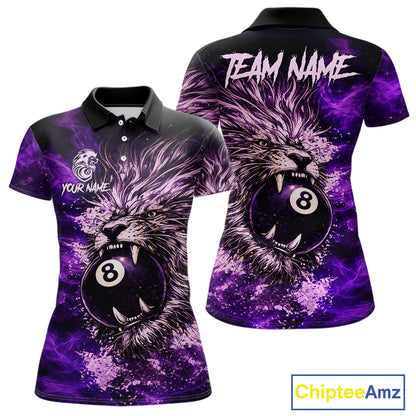 Purple Smokes Lion Paint Pool 8 Ball Women Billiard Polo & 1/4-Zip Shirt Custom Billiard Team Attire NYN2626