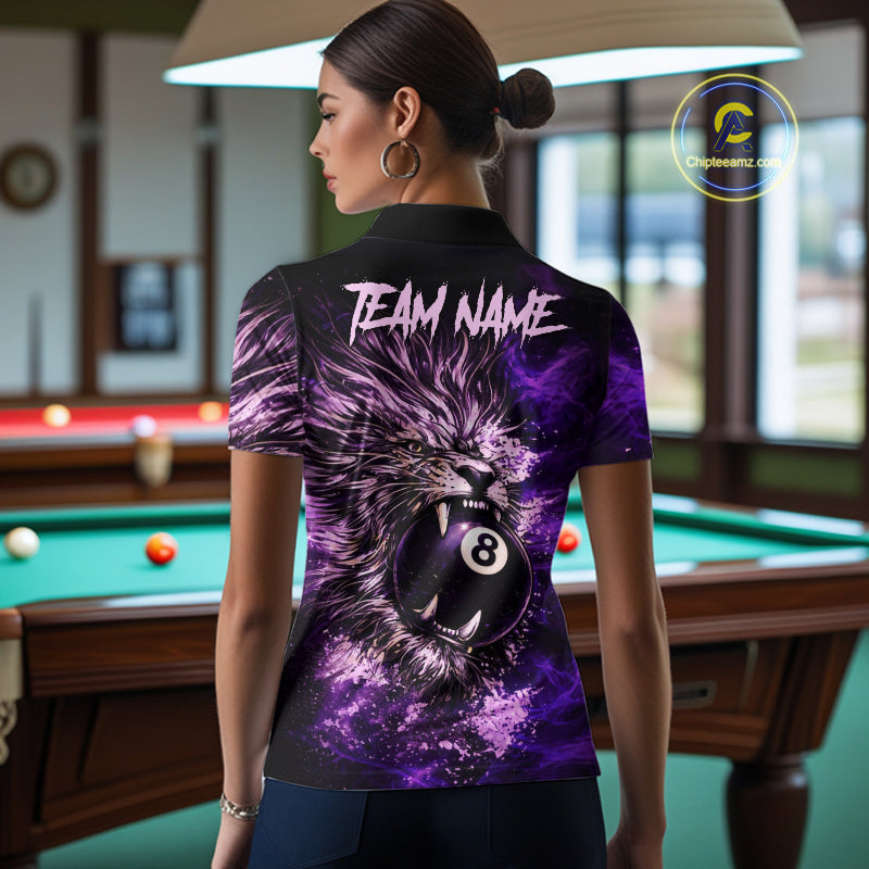Purple Smokes Lion Paint Pool 8 Ball Women Billiard Polo & 1/4-Zip Shirt Custom Billiard Team Attire NYN2626