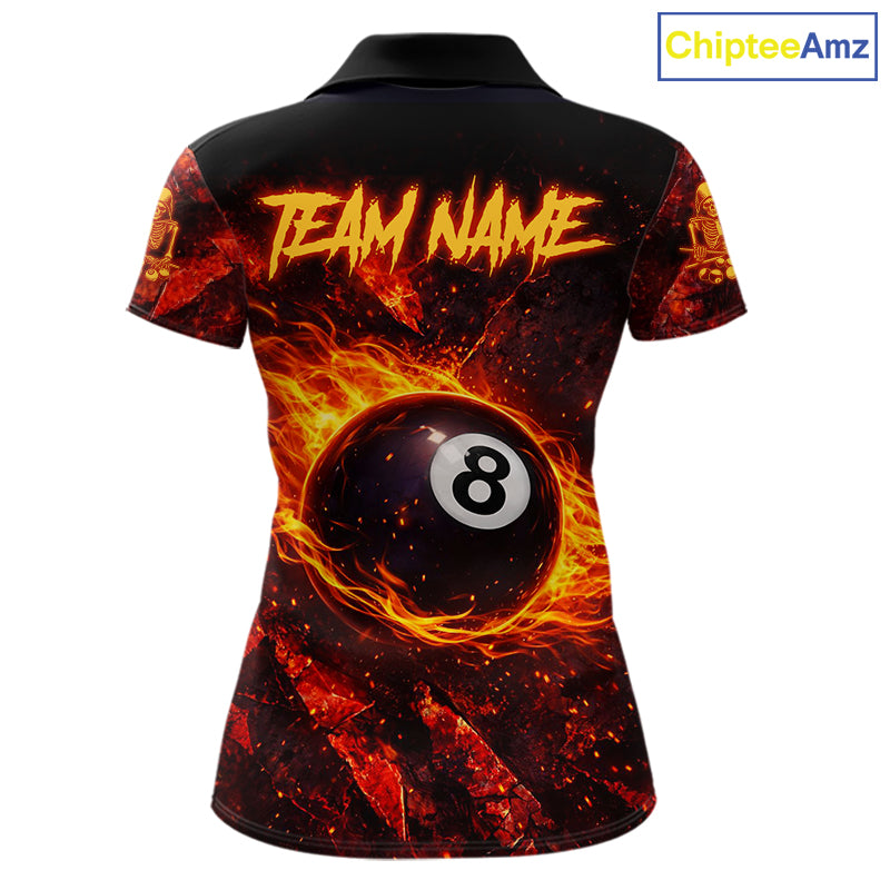 Cracked Soil Skull Red Flames Pool 8 Ball Women Billiard Polo & 1/4-Zip Shirt Custom Billiard Attire NYN2627
