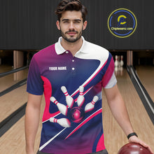 Load image into Gallery viewer, White, Blue And Pink Bowling Ball &amp; Pins Shirt For Men Custom Polo Quarter-Zip Bowling Team Jersey NYN3673