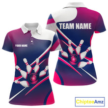Load image into Gallery viewer, Women's bowling polo featuring white, blue and pink bowling ball and pins, personalized bowling shirt for league bowlers, women's bowling clubs, tournaments and stylish team uniforms, symbolizing friendship, positivity and teamwork.