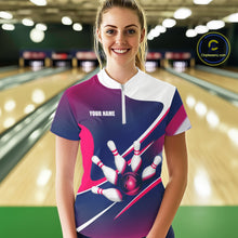 Load image into Gallery viewer, Female bowler wearing white, blue and pink bowling jersey during league play, custom bowling apparel for competitive athletes, bowling enthusiasts and women's sports teams, symbolizing confidence and sportsmanship.