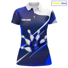 Load image into Gallery viewer, White And Blue Bowling Ball &amp; Pins Shirt For Women Custom Polo Quarter-Zip Bowling Team Jersey NYN3674