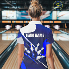 Load image into Gallery viewer, White And Blue Bowling Ball &amp; Pins Shirt For Women Custom Polo Quarter-Zip Bowling Team Jersey NYN3674