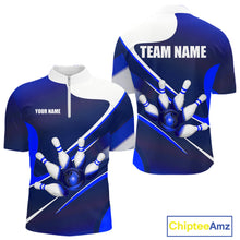 Load image into Gallery viewer, White And Blue Bowling Ball &amp; Pins Shirt For Men Custom Polo Quarter-Zip Bowling Team Jersey NYN3674