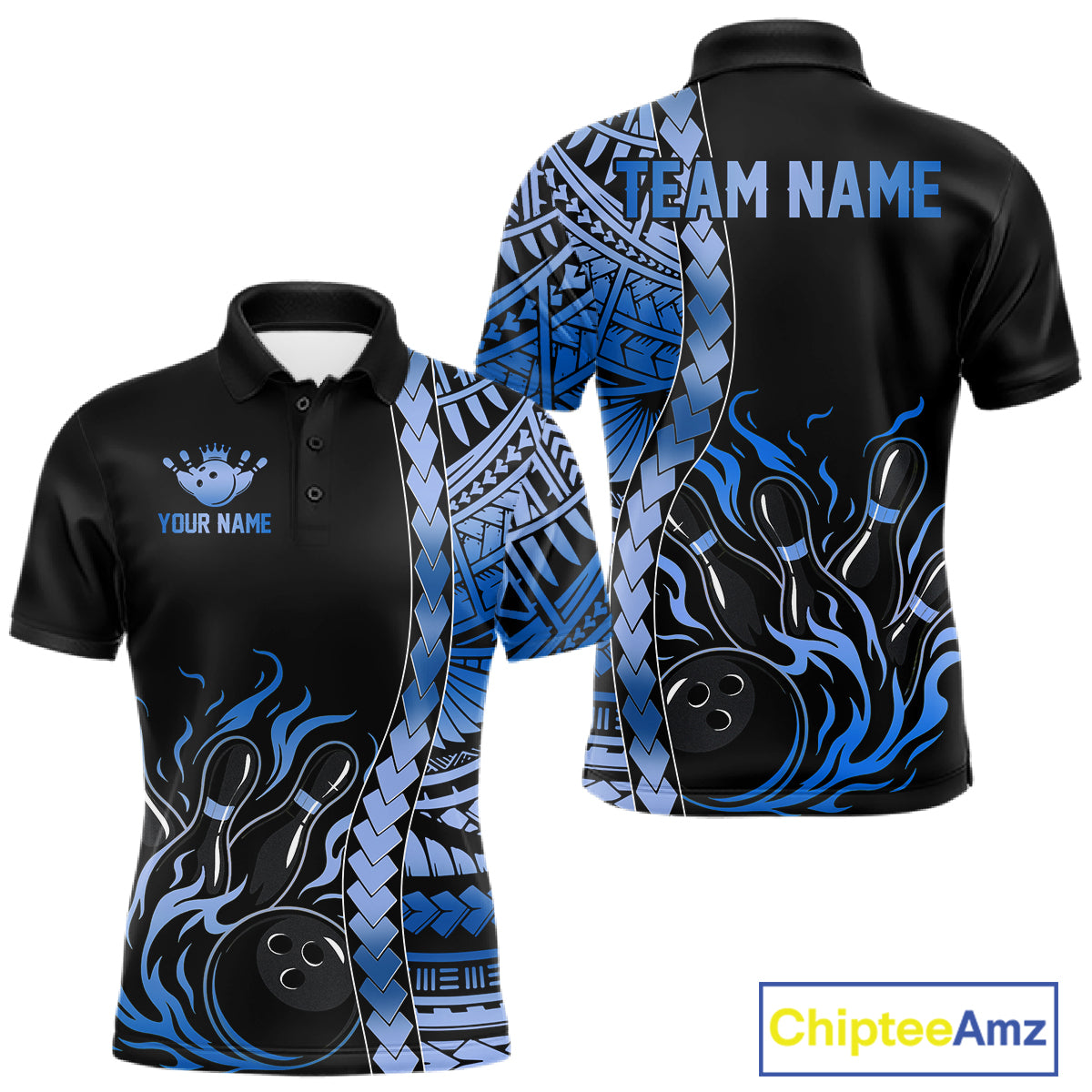 Men's black blue tribal bowling polo, custom bowling apparel, tournament jersey
