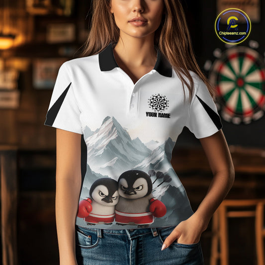Boxing Fierce Penguin Duo Couple Women Darts Polo Shirt Custom Funny Dart Team Jerseys NYN2357