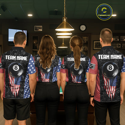 US Flag Pool 8 Ball Men's Billiard Polo & 1/4 Zip Shirt Custom Patriotic Billiard Attire NYN2362
